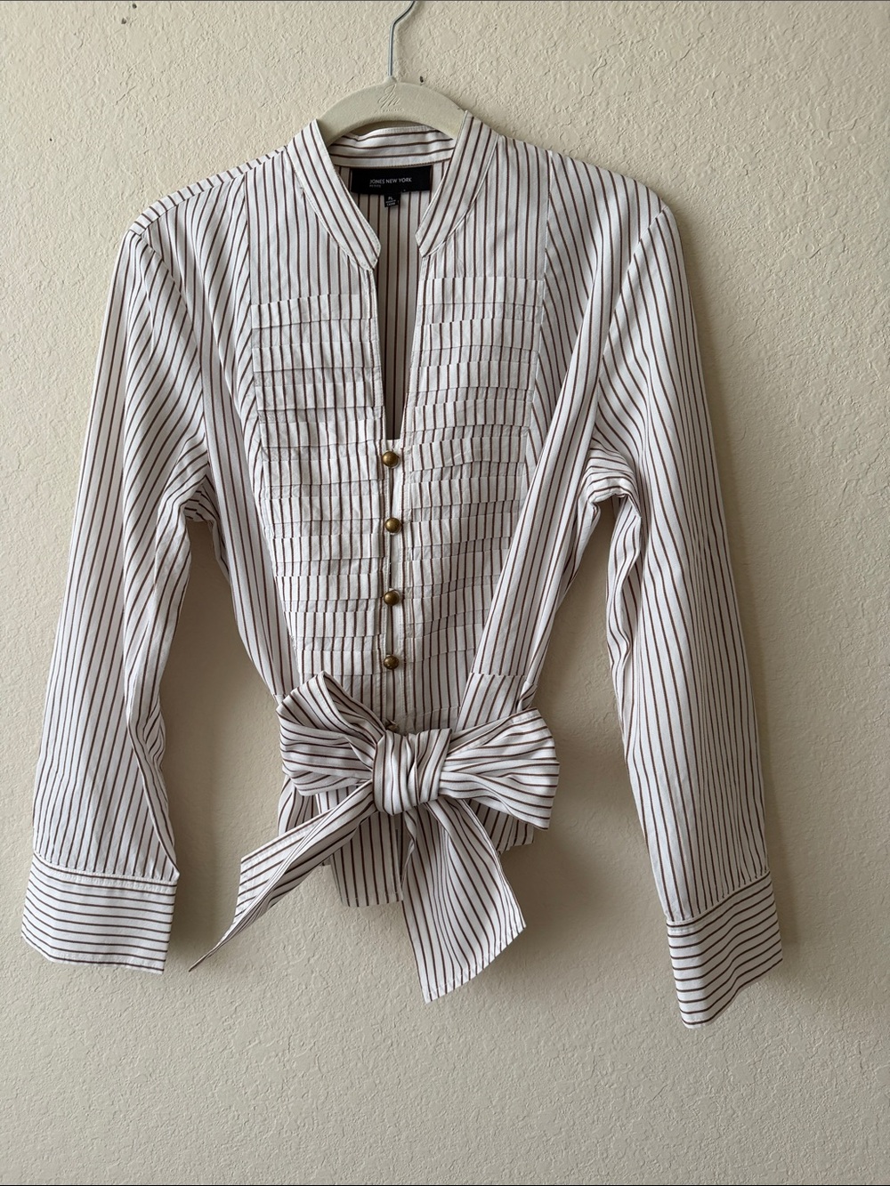 Cream and Brown Striped Pintuck Button-Front Blouse with Self Tie